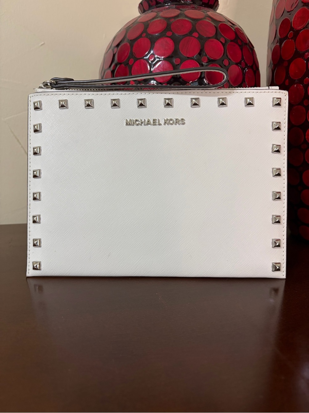 Michael Kors White Studded Jet Set Travel XL Zip Clutch Wristlet